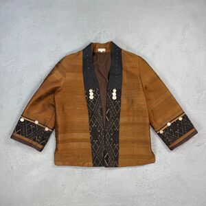 Vintage Thai Open Front Robe Jacket in Raw Silk w/ Vintage Burmese Coins Large